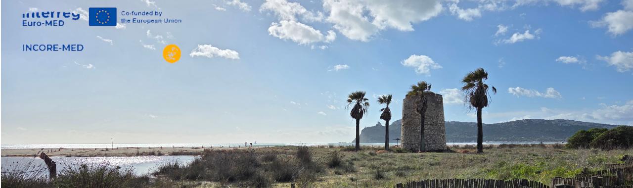 Veduta della spiaggia del Poetto a Cagliari alcuni giorni dopo la mareggiata dell’uragano Harry. In primo piano vegetazione costiera e staccionate danneggiate; al centro l’antica Torre Spagnola circondata da alcune palme piegate dal vento. Sullo sfondo si staglia la Sella del Diavolo sotto un cielo luminoso con nuvole sparse.